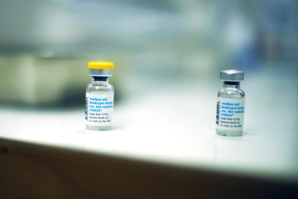 FILE - Empty vials of vaccines against Monkeypox lie on a table after being used to vaccinate people at a medical center in Barcelona, Spain, Tuesday, July 26, 2022. Public health officials warn that moves by rich countries to buy large quantities of monkeypox vaccine, while declining to share doses with Africa, could leave millions of people unprotected against a more dangerous version of the disease and risk continued spillovers of the virus into humans. (AP Photo/Francisco Seco, File)