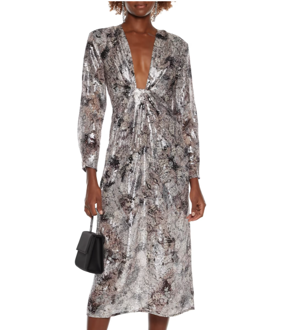 IRO Rouniea gathered printed fil coupé silk-blend midi dress. (PHOTO: The Outnet)