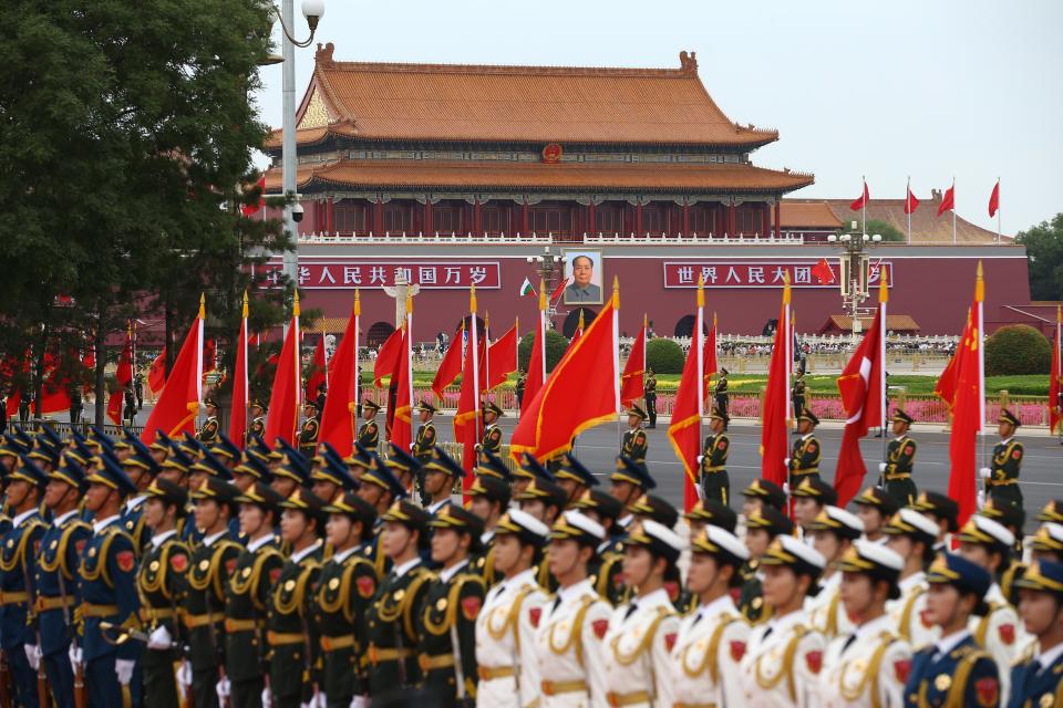 BEIJING, CHINA - JULY 2: Chinese People's Liberation Army honor guards are seen ahead of official welcoming ceremony for President of Turkey, Recep Tayyip Erdogan, at Great Hall of the People in Beijing, China on July 02, 2019. (Photo by Volkan Furuncu/Anadolu Agency/Getty Images)