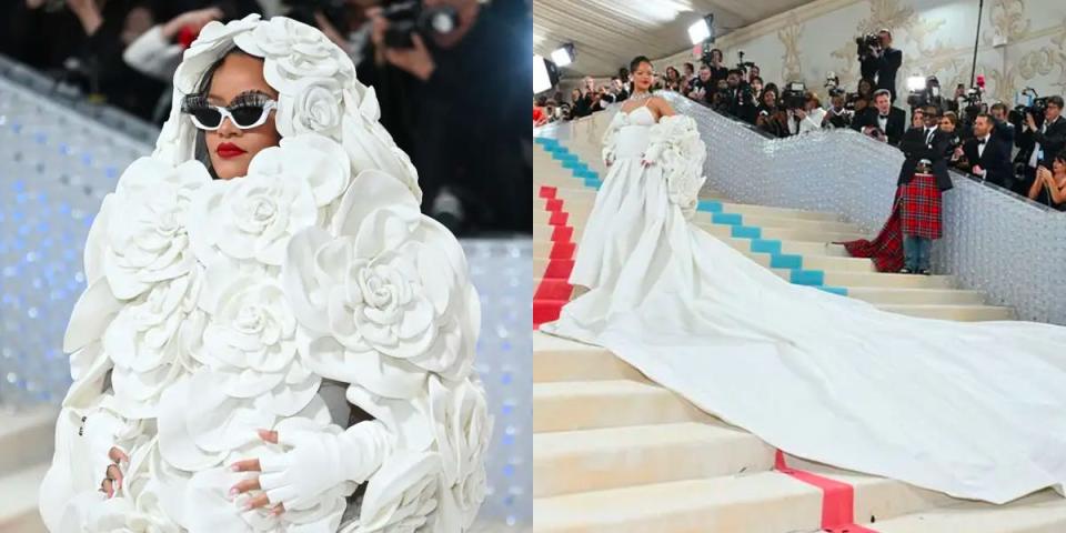 rihanna at met gala in coat and sunglasses next to photo of her in unveiled white gown with train