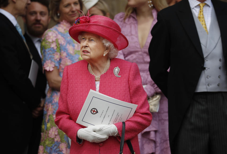 Queen Elizabeth II leaves after the wedding of Lady Gabriella Windsor and Thomas Kingston at St George's Chapel in Windsor Castle.