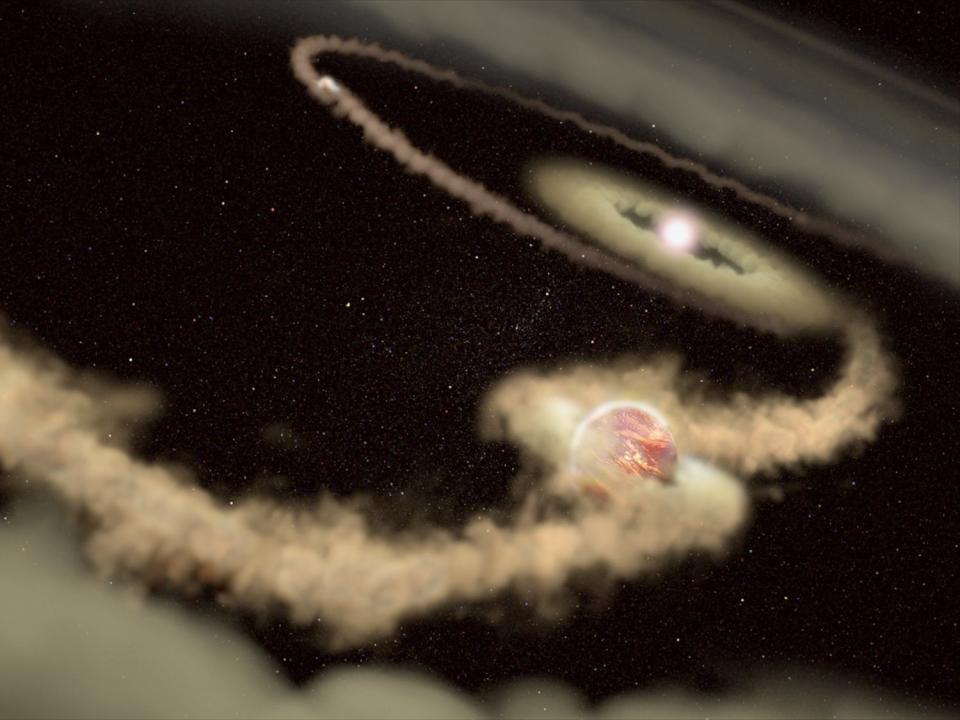 An illustration shows two exoplanets orbiting the young star PDS 70 J.