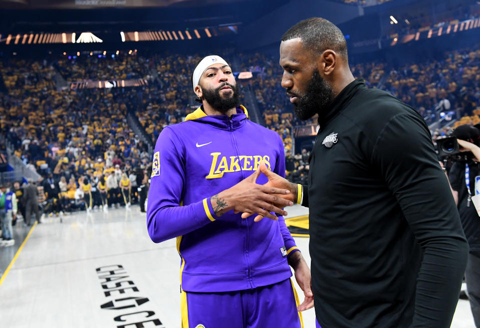 洛杉磯湖人球星Anthony Davis與LeBron James。（Wally Skalij/Los Angeles Times via Getty Images）