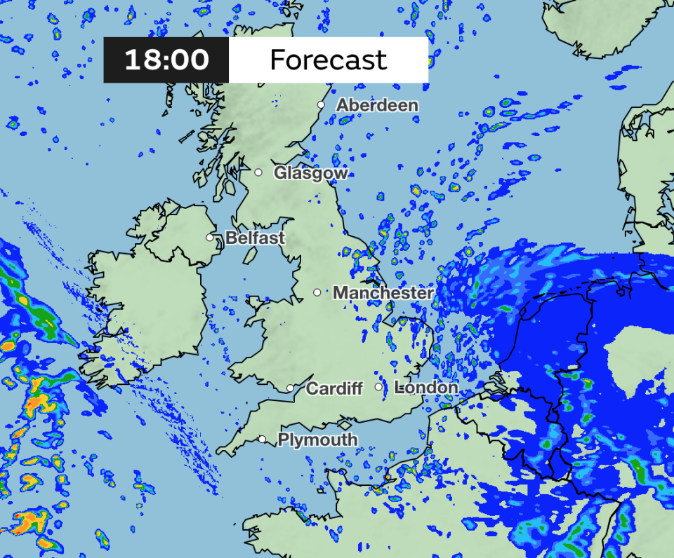 Rainfall forecast for 6pm Tuesday. (Met Office)