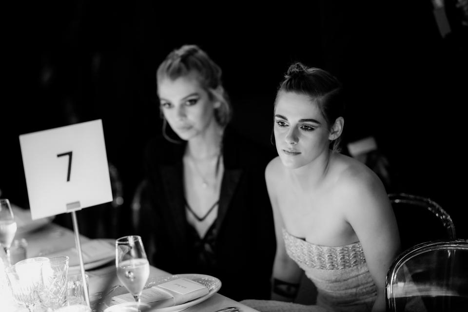 CANNES, FRANCE - MAY 13:  (EDITORS NOTE: Image has been converted to black and white) Stella Maxwell and Kristen Stewart attend the Women in Motion Awards Dinner, presented by Kering and the 71th Cannes Film Festival, at Place de la Castre on May 13, 2018 in Cannes, France.  (Photo by Vittorio Zunino Celotto/Getty Images for Kering)