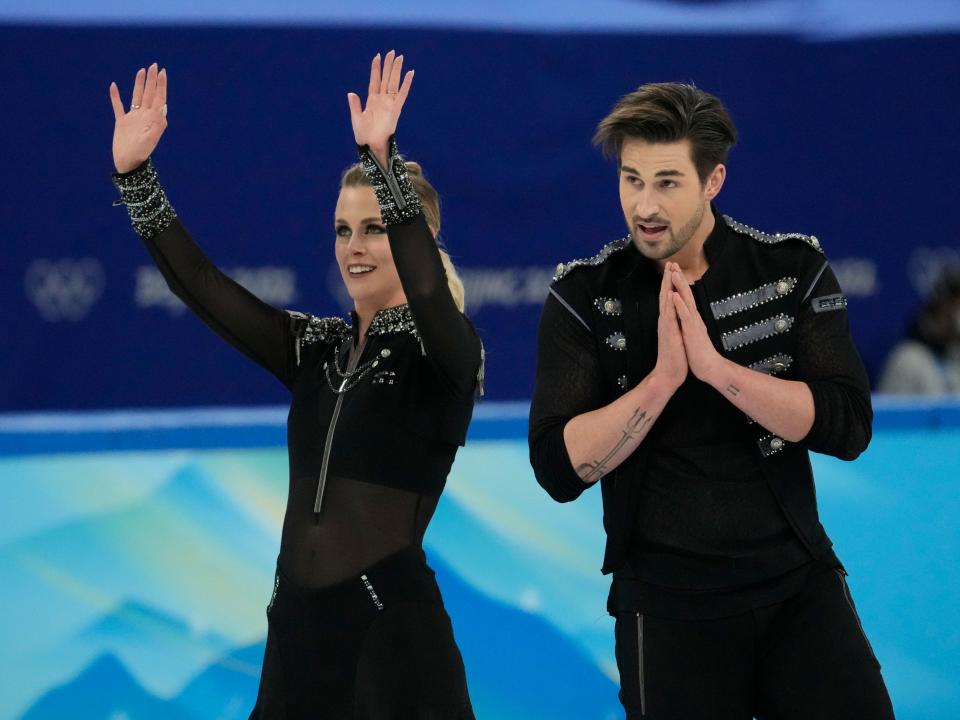 Madison Hubbell and Zachary Donohue (USA) perform during the ice dance rhythm dance during the Beijing 2022 Olympic Winter Games at Capital Indoor Stadium.