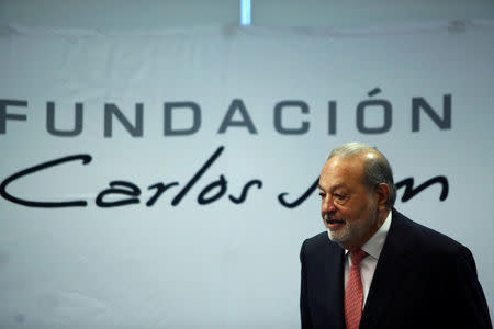 Mexican billionaire Carlos Slim as he arrives to a news conference to discuss his foundation's work in supporting efforts at rebuilding areas damaged by the massive earthquake on Sept. 19. in Mexico City, Mexico October 10, 2017. REUTERS/Carlos Jasso