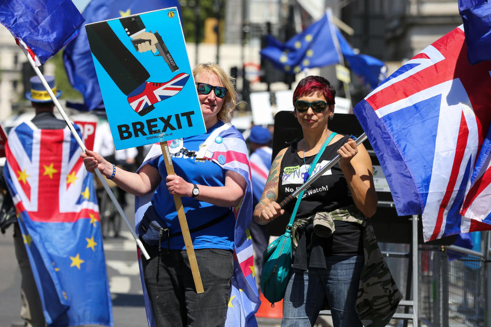 Anti-Brexit demonstrators are seen with European flags and placards protesting outside the Houses of Parliament against the UK leaving the European Union after Brexit was delayed until 31st October 2019, as Prime Minister, Theresa May failed to get her Brexit deal approved by the Parliament. (Photo by Dinendra Haria / SOPA Images/Sipa USA)