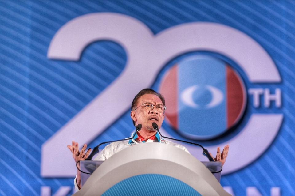 PKR president Datuk Seri Anwar Ibrahim addresses the 2019 PKR National Congress at MITC in Ayeh Keroh, Melaka December 8, 2019. — Picture by Ahmad Zamzahuri