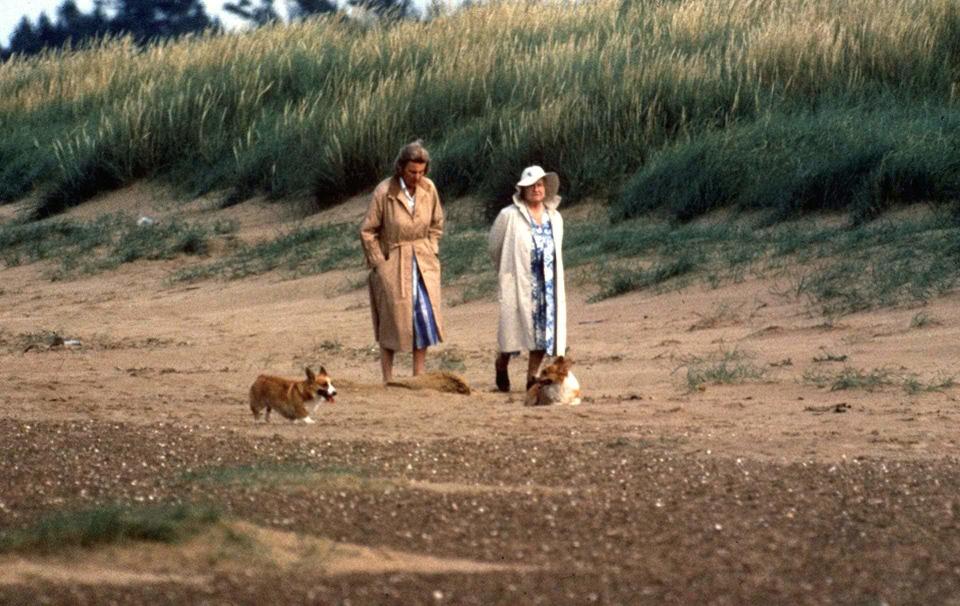 The Duchess of Grafton walking with the Queen Mother, circa late 1980s - Shutterstock