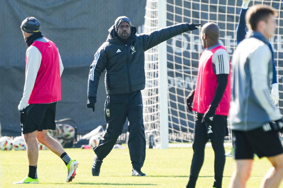 Crew head coach Wilfried Nancy directs preseason training at the OhioHealth Performance Center.