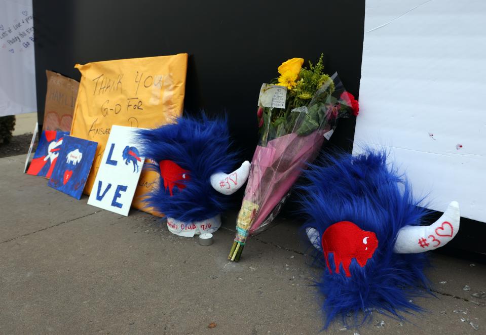 Tributes to Damar Hamlin at Highmark Stadium on January 8, 2023.