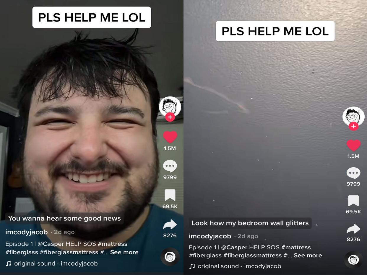 composite image from tiktok screenshots of cody jacob smiling next to shot of his wall glittering