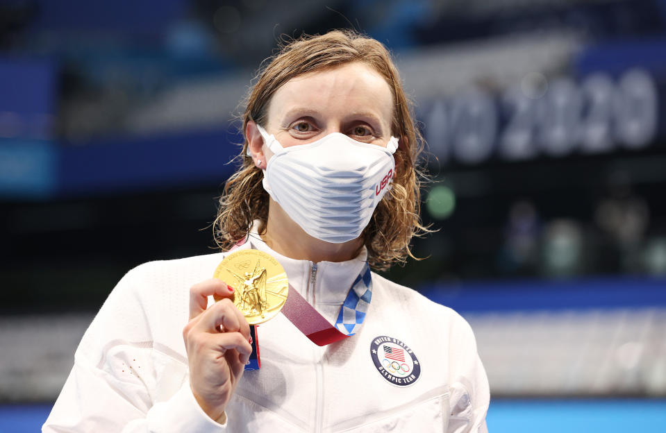 <p>TOKYO, JAPAN - JULY 28: Katie Ledecky of United States poses with her gold medal after winning the Women's 1500m Freestyle final on day five of the Tokyo 2020 Olympic Games at Tokyo Aquatics Centre on July 28, 2021 in Tokyo, Japan. (Photo by Ian MacNicol/Getty Images)</p> 