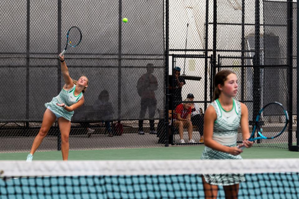 Left to right, Green Canyon’s Carly Nielsen and Liz Murri compete in the first doubles finals against Crimson Cliffs’ Whitney Matheson and Kate Obray during the 2023 4A Girls Tennis Championships at Liberty Park Tennis Courts in Salt Lake City on Saturday, Sept. 30, 2023. | Megan Nielsen, Deseret News