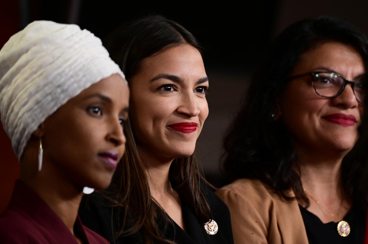 U.S. Reps; Ilhan Omar (D-MN), Alexandria Ocasio-Cortez (D-NY) and Rashida Tlaib (D-MI) hold a news conference after Democrats in the U.S. Congress moved to formally condemn President Donald Trump's attacks on the four minority congresswomen on Capitol Hill in Washington, U.S., July 15, 2019. REUTERS/Erin Scott