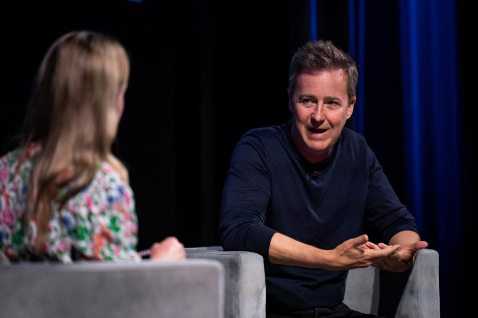 Actor Edward Norton in conversation on stage as Uber announces new sustainability features during an event at BAFTA in Piccadilly, London.Picture date: Thursday June 8, 2023. (Photo by Aaron Chown/PA Images via Getty Images)