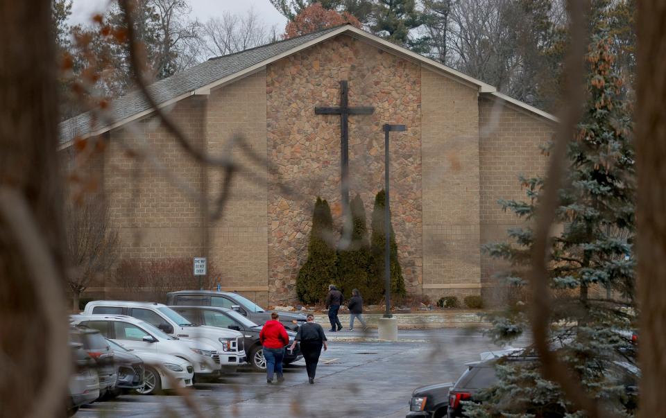 People start to head into Lakepoint Community Church in Oxford on December 8, 2021, for the funeral of Hana St. Juliana who was one of four Oxford High School students shot and killed at the school on November 30, 2021.