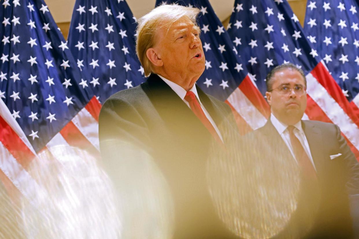 <span>Donald Trump speaks at his 40 Wall Street property in New York on 25 March 2024.</span><span>Photograph: Michael M Santiago/Getty Images</span>