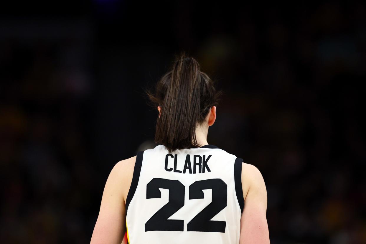 MINNEAPOLIS, MINNESOTA - MARCH 10: A detail of the jersey of Caitlin Clark #22 of the Iowa Hawkeyes in the first half against the Nebraska Cornhuskers during the Big Ten Women's Basketball Tournament Championship at Target Center on March 10, 2024 in Minneapolis, Minnesota. (Photo by Adam Bettcher/Getty Images)