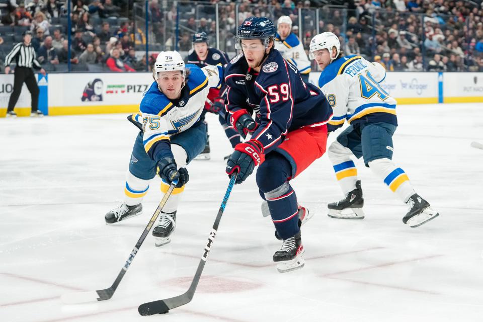 Dec 8, 2023; Columbus, Ohio, USA; Columbus Blue Jackets right wing Yegor Chinakhov (59) skates past St. Louis Blues defenseman Tyler Tucker (75) during the first period of the NHL game at Nationwide Arena.