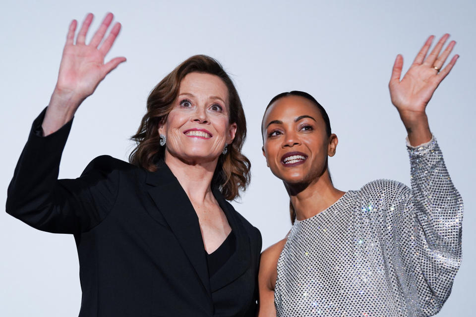 TOKYO, JAPAN – DECEMBER 10: Sigourney Weaver (L) and Zoe Saldana (R) wave as they attend the “Avatar: The Way of Water” Japan Premiere at TOHO Cinemas Hibiya on December 10, 2022 in Tokyo, Japan. (Photo by Christopher Jue/Getty Images for Disney)