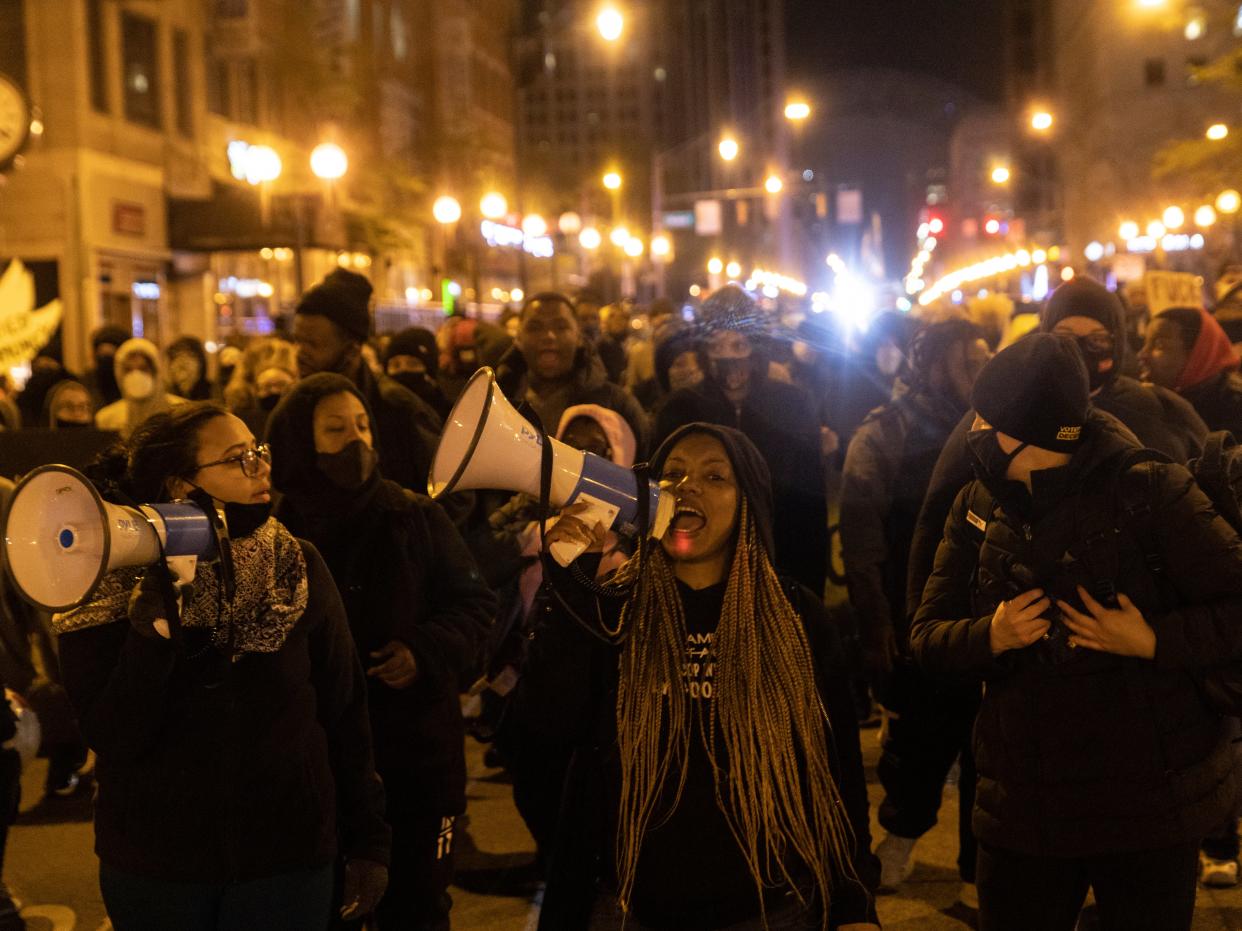 <p>Black Lives Matter activists led by Hana Abdur-Rahim, a local organizer, march through downtown in reaction to the shooting of Makiyah Bryant on 20 April 2021 in Columbus, Ohio.</p> ((Getty Images))