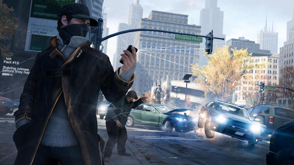 This video game image released by Ubisoft shows a scene from "Watch Dogs." Ubisoft's "Watch Dogs" is about a super-hacker who can eavesdrop on phone conversations. It is among several games being hyped at the Electronic Entertainment Expo featuring ripped-from-the-headlines realness. (AP Photo/Ubisoft)