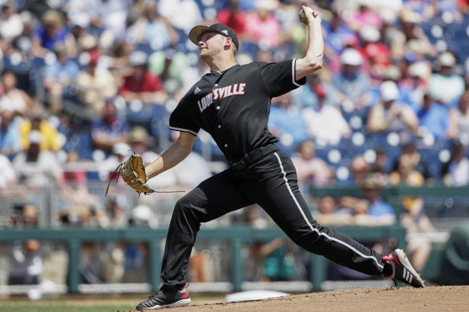 Louisville starting pitcher Reid Detmers delivers against Vanderbilt in the first inning of an NCAA College World Series baseball game in Omaha, Neb., Sunday, June 16, 2019. (AP Photo/Nati Harnik)