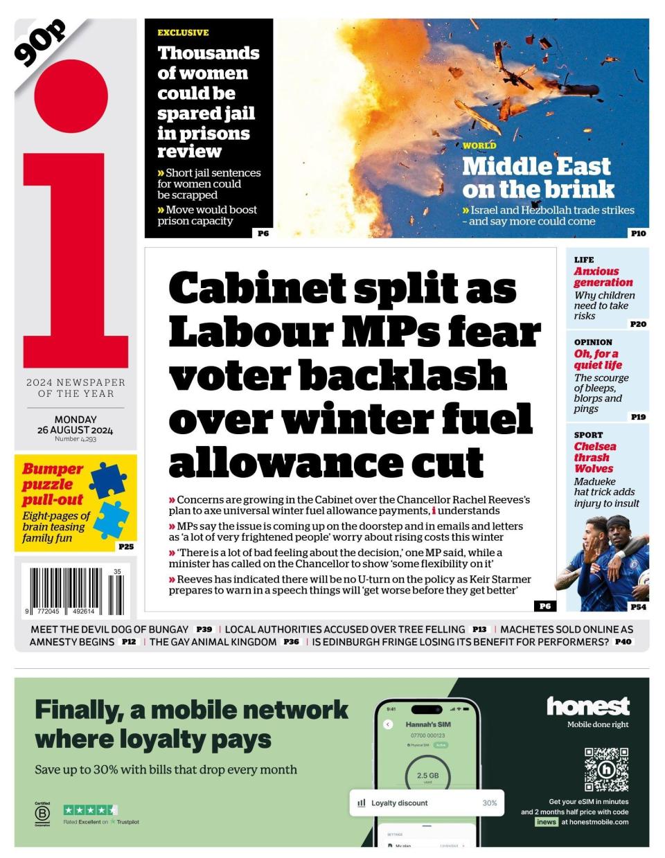 According to the i, the cabinet is "split" as concerns grow over a possible voter backlash to Finance Minister Rachel Reeves’ plan to scrap winter fuel surcharges. She has indicated there will be no U-turn on the policy, and letters from voters suggest people are concerned about the issue, the paper said. 