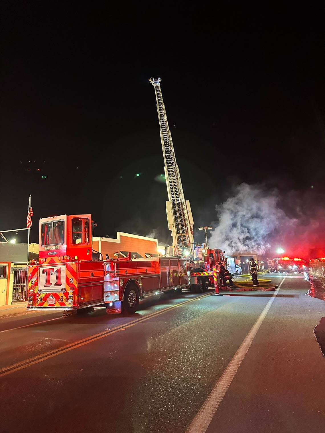 Firefighters work to extinguish a blaze Los Tamales Poblanos Mexican Food on Front Street in Oceano early Friday morning May 12, 2023.