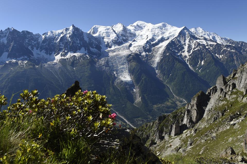 This file picture taken on July 16, 2014 from the Brevent mountain shows a view of the Mont-Blanc range, in the French Alps.