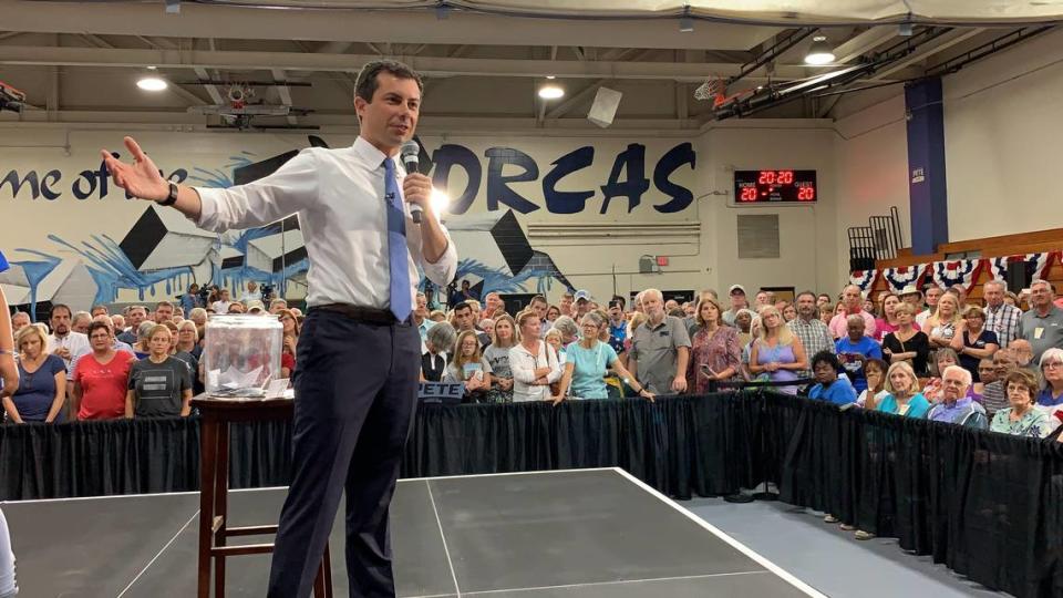 Presidential hopeful Mayor Pete Buttigieg, of South Bend, Indiana, answers a question from the crowd at a town hall event in Seabrook, South Carolina, in Beaufort County.