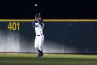 FILE PHOTO: Apr 27, 2019; Seattle, WA, USA; Seattle Mariners center fielder Mallex Smith (0) makes a catch for an out against the Texas Rangers during the second inning at T-Mobile Park. Mandatory Credit: Jennifer Buchanan-USA TODAY Sports/File Photo