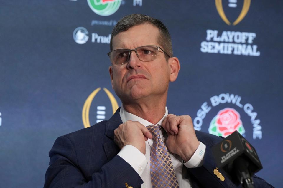 Michigan Wolverines head coach Jim Harbaugh at the Rose Bowl coaches news conference at the Sheraton Grand Hotel in Los Angeles on Sunday, Dec. 31, 2023.