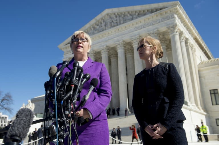 Amy Hagstrom Miller, president and CEO of Whole Woman's Health and lead plantiff, and Nancy Northup (R), president and CEO of the Center for Reproductive Rights, speak to the media outside of the Supreme Court in Washington, DC, March 2, 2016