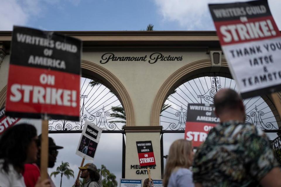 Demonstrators rally outside the Paramount Pictures Studio this week. The writer’s strike was one of the longest in Hollywood history.