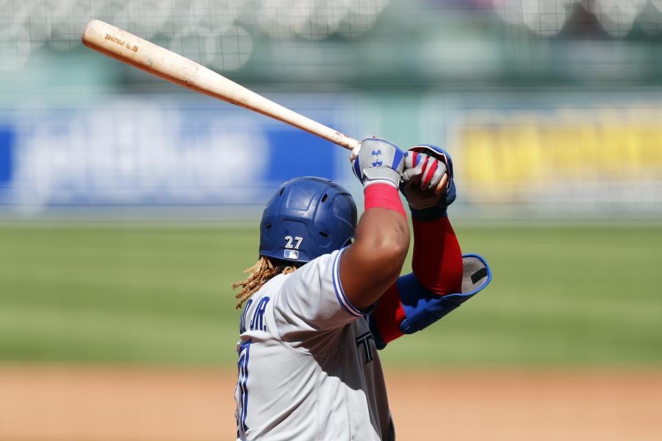 Toronto Blue Jays' Vladimir Guerrero Jr. bats during the sixth inning of a baseball game against the Boston Red Sox, Sunday, Aug. 9, 2020, in Boston. (AP Photo/Michael Dwyer)