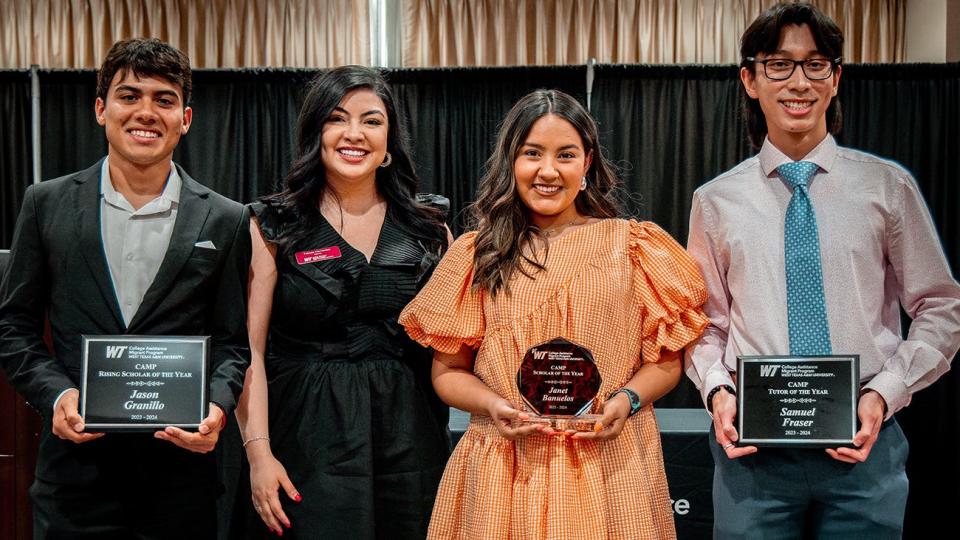 West Texas A&M University's College Assistance Migrant Program recognized its top 2023-2024 students at a recent awards luncheon. Pictured are, from left, Jason Granillo, a freshman criminal justice major from Olton, Rising Scholar of the Year; Fabiola Hernandez, CAMP director; Janet Banuelos, a freshman pre-nursing major from Booker, Scholar of the Year; and Samuel Fraser, a junior criminal justice major from Temecula, California, Tutor of the Year.