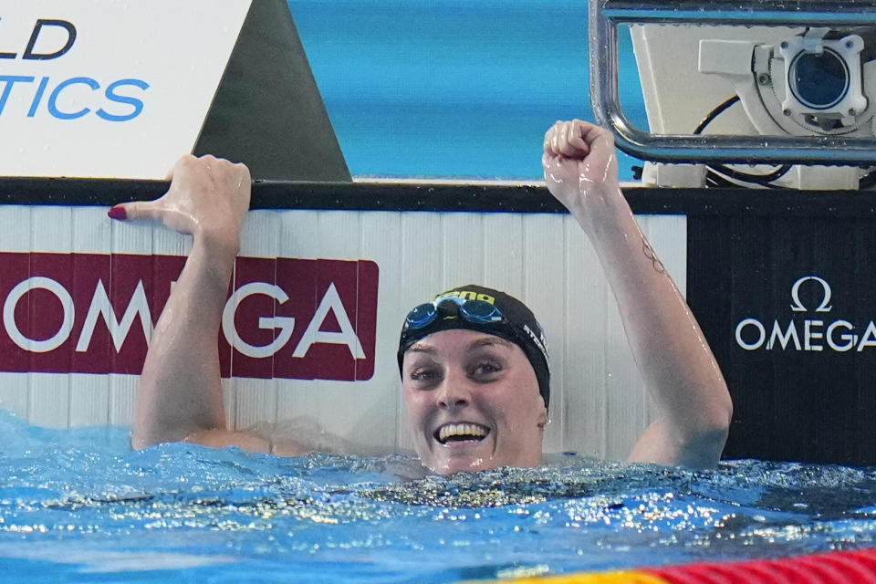 Marrit Steenbergen of the Netherlands celebrates after winning the women's 100m freestyle final at the World Aquatics Championships in Doha, Qatar, Friday, Feb. 16, 2024. (AP Photo/Hassan Ammar)