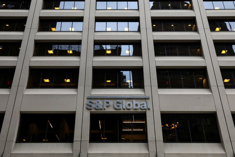 The S&P Global logo is displayed on its offices in the financial district in New York