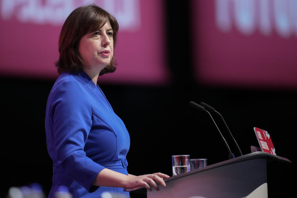 LIVERPOOL, ENGLAND - SEPTEMBER 27: Labour's Shadow culture secretary Lucy Powell delivers her keynote speech on day three of the Labour Party Conference at the ACC on September 27, 2022 in Liverpool, England The Labour Party are holding their annual conference in Liverpool this year. Issues on the agenda are the cost of living crisis, including a call for a reinforced windfall tax, proportional representation and action on the climate crisis. (Photo by Christopher Furlong/Getty Images)