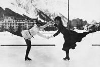 <p>Pictured: French figure skater Andrée Joly and American figure skater Beatrix Loughran strike a pose during a practice session. </p>