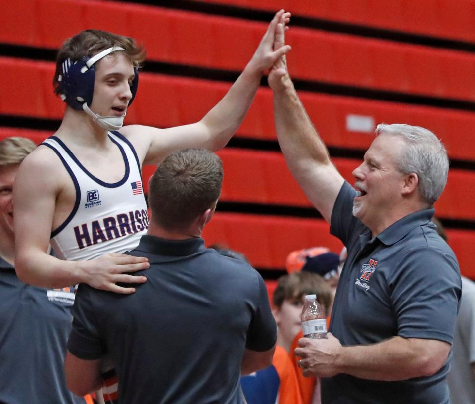 Harrison Dwayne Putt celebrates after winning the 106 pound championship bout during the IHSAA wrestling sectionals meet, Saturday, Jan. 27, 2024, at Lafayette Jeff High School in Lafayette, Ind.