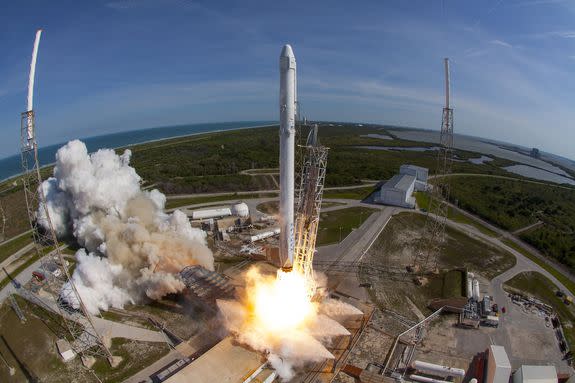 SpaceX's Falcon 9 rocket and Dragon spacecraft lift off from Launch Complex 40 at the Cape Canaveral Air Force Station in Florida, April 8, 2016.