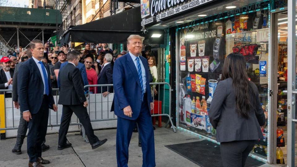 <div>Former president Donald Trump visits a bodega store in upper Manhattan where a worker was assaulted by a man in 2022 and ended up killing him in an ensuing fight on April 16, 2024. <strong>(Photo by Spencer Platt/Getty Images)</strong></div>