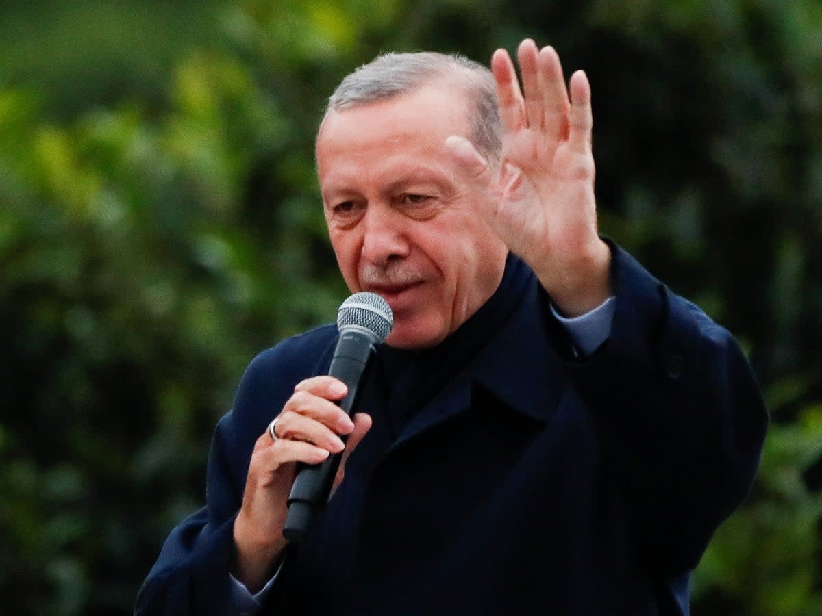 Turkish President Tayyip Erdogan addresses supporters in Istanbul on Sunday evening (Murad Sezer/Reuters)