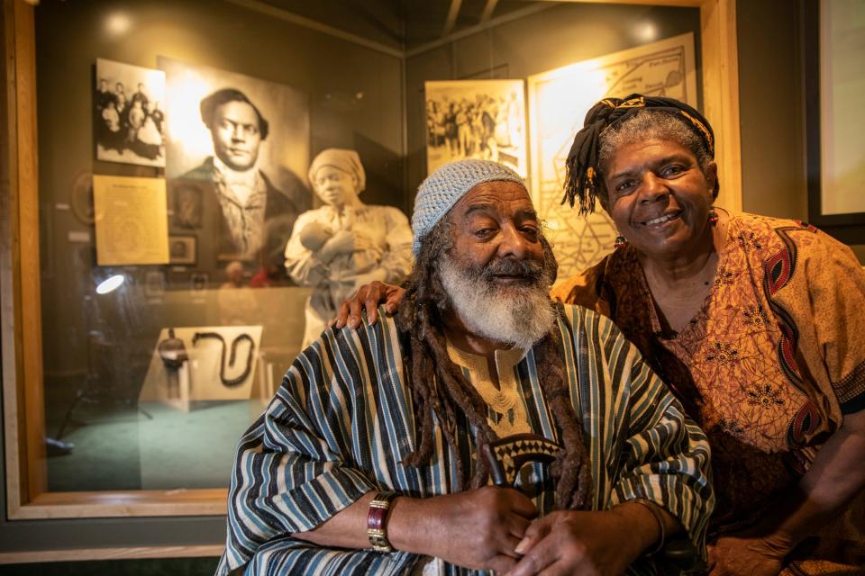 Verge “Brother Sage” Gillam and his wife, Charlotte Pfeifer, pose for a portrait inside the Underground Railroad exhibit section of The History Museum in South Bend on Wednesday, June 7, 2023.
