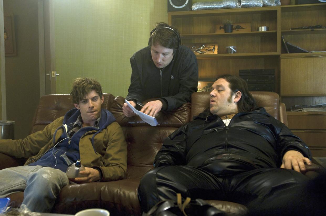 Director Joe Cornish, Luke Treadaway and Nick Frost on set of "Attack the Block" 