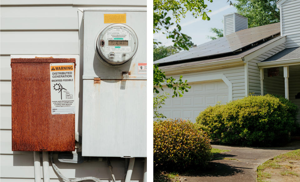 A new meter was installed when solar panels were put on Lynn Krell’s roof. The meter helps regulate and monitor how much electricity her panels are putting back onto the grid. (Bryan Tarnowski for NBC News)